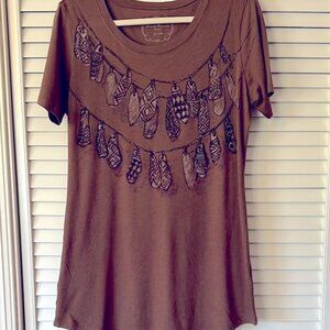 Peruvian Connection Brown Feather Print Women's Top Size M